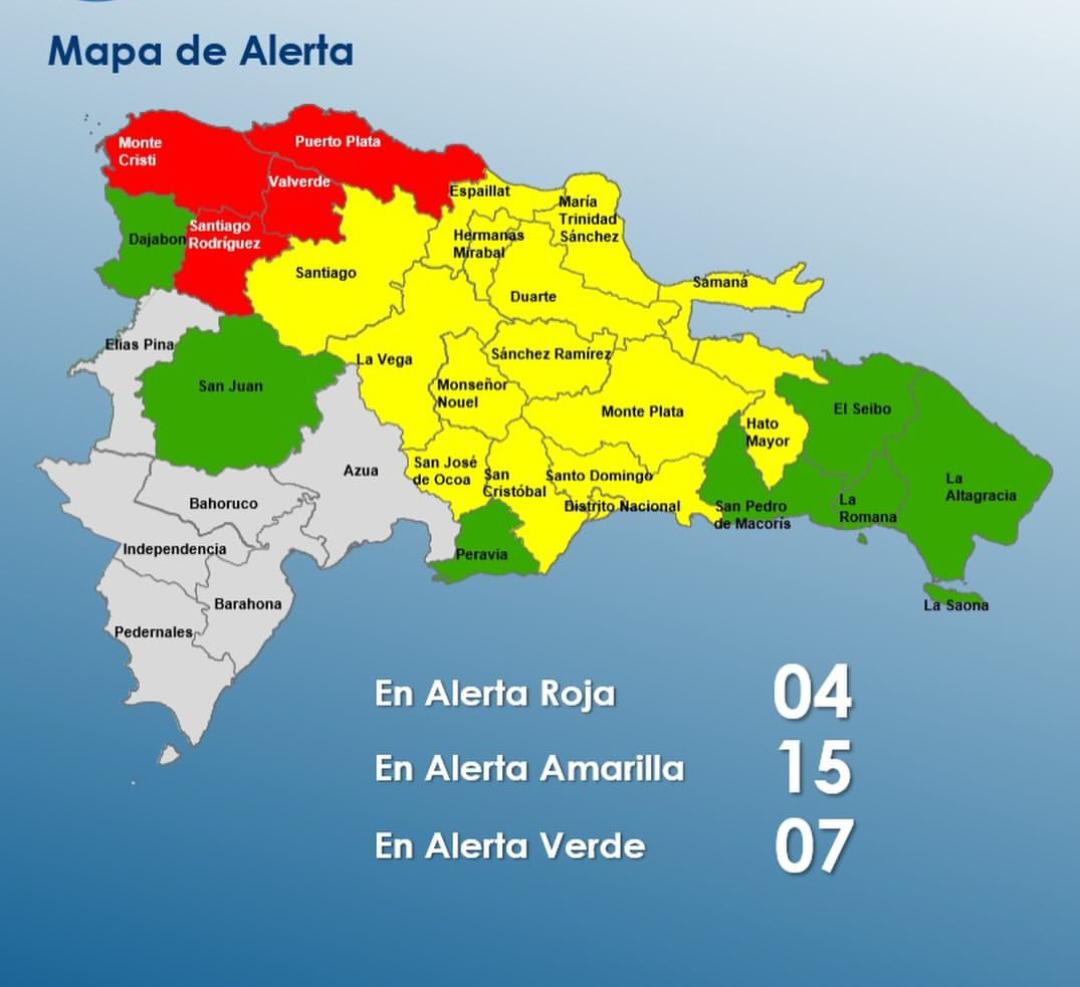COE coloca 25 provincias y el Distrito Nacional bajo alerta por fuertes lluvias tras incidencia de vaguada